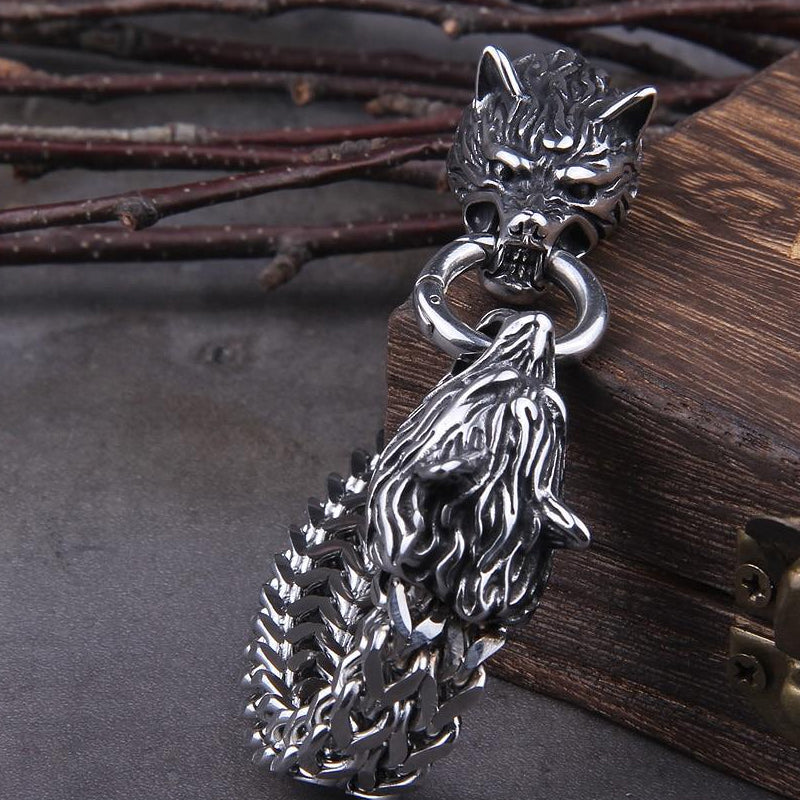 Viking Stainless Steel Double Wolf Head Fenrir Bracelet